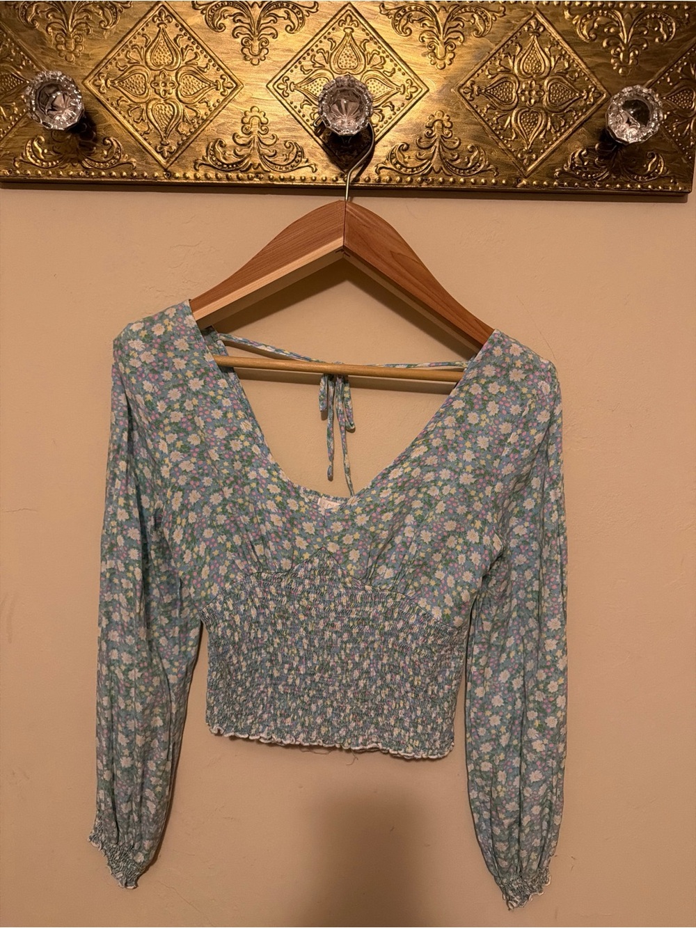 Boho Floral Smocked Crop Top Long Sleeve Blue Cottagecore V-Neck S